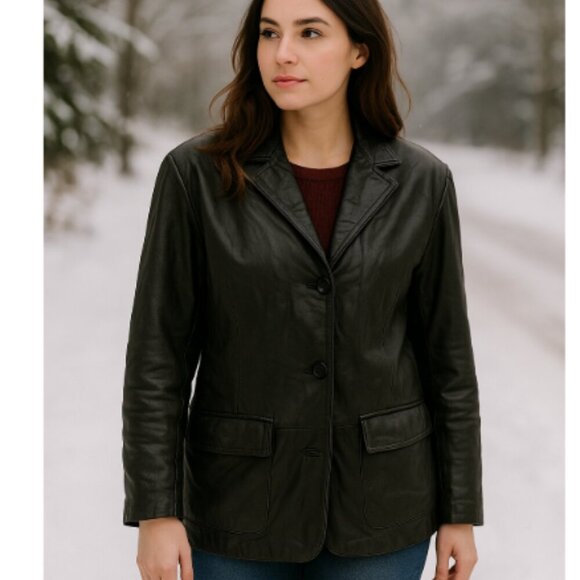 Liz Claiborne Women's Vintage Black Leather Button Up Jacket Size Large - Picture 1 of 10